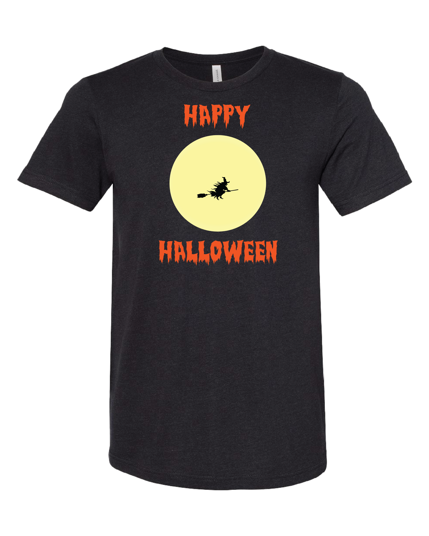 Happy Halloween Witch Flying Across The Moon T-Shirt | Orange