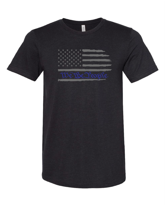 American Flag We The People Horizontal T-Shirt | Gray With Blue Writing