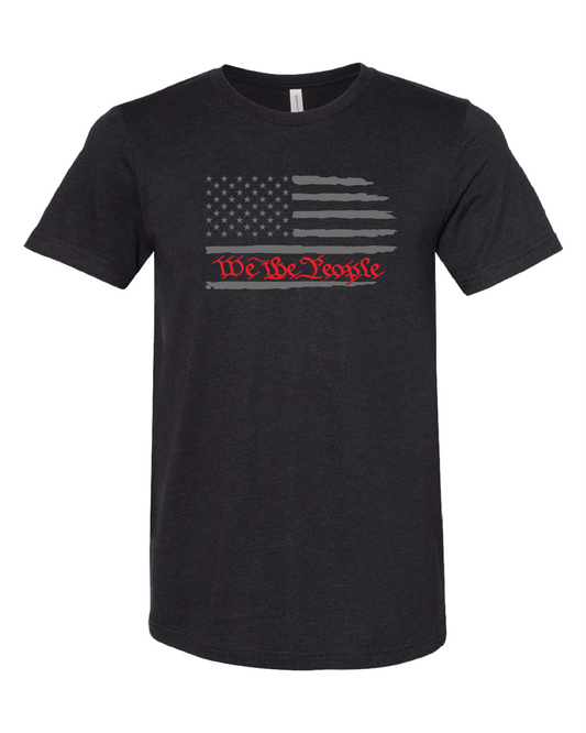 American Flag We The People Horizontal T-Shirt | Gray With Red Writing