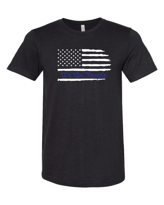 American Flag We The People Horizontal T-Shirt | White With Blue Writing