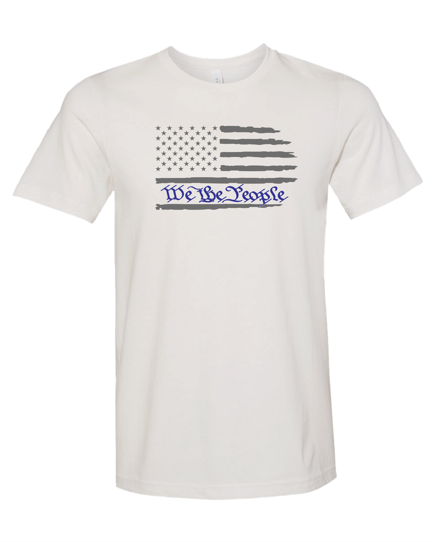 American Flag We The People Horizontal T-Shirt | Gray With Blue Writing